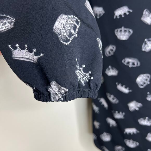 Thakoon Design Nation Top XS Relaxed Crown Print Split Neck Long Sleeve Black - Picture 4 of 8